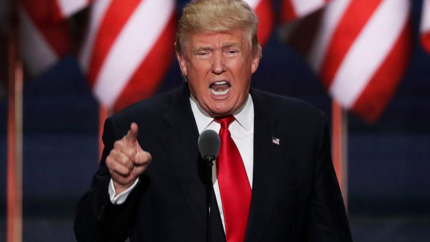 CLEVELAND, OH - JULY 21:  Republican presidential candidate Donald Trump delivers a speech during the evening session on the fourth day of the Republican National Convention on July 21, 2016 at the Quicken Loans Arena in Cleveland, Ohio. Republican presidential candidate Donald Trump received the number of votes needed to secure the party's nomination. An estimated 50,000 people are expected in Cleveland, including hundreds of protesters and members of the media. The four-day Republican National Convention kicked off on July 18.  (Photo by Alex Wong/Getty Images)