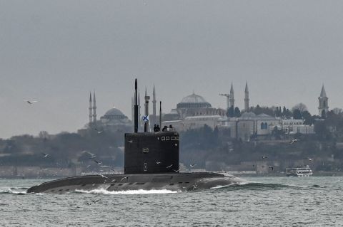 The Russian navy's diesel-electric Kilo-class submarine, Rostov-on-Don, moves through Turkey's Bosphorus Strait en route to the Black Sea on February 13.