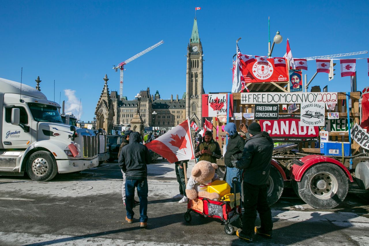 Truck drivers block traffic outside Canada's Parliament on Monday, February 14.