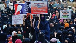 Muslim Women in Mumbai protest against a ban on hijabs in educational institutes in the state of Karnataka on February 13, 2022 in Mumbai, India.