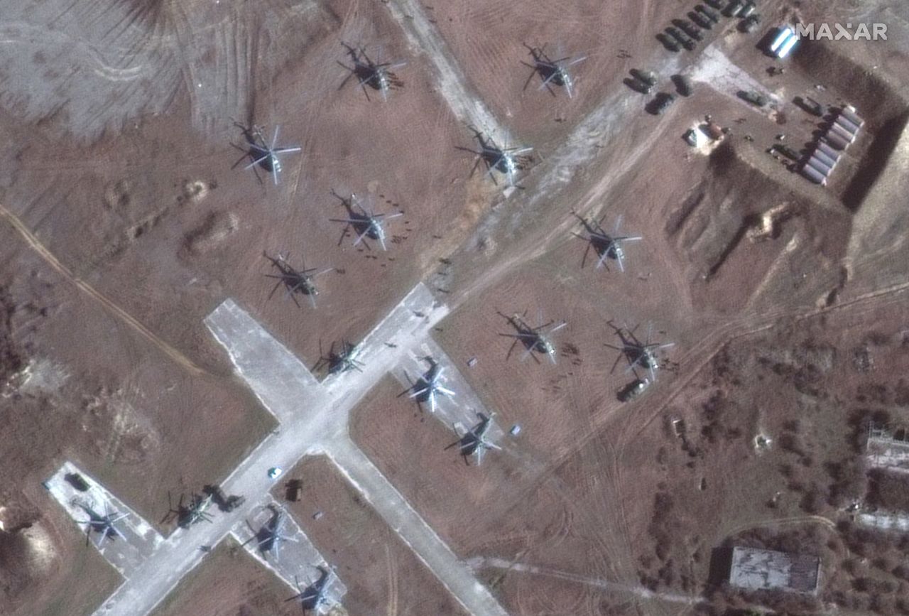 Satellite images taken on February 13 by Maxar Technologies revealed that dozens of helicopters had appeared at a previously vacant airbase in Russian-occupied Crimea.  Zelensky says Russia waging war so Putin can stay in power &#8216;until the end of his life&#8217; w 1280