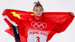 ZHANGJIAKOU, CHINA - FEBRUARY 15: Ailing Eileen Gu of Team China celebrates winning silver medal during the Women's Freestyle Skiing Freeski Slopestyle Final on Day 11 of the Beijing 2022 Winter Olympics at Genting Snow Park on February 15, 2022 in Zhangjiakou, Hebei Province of China. (Photo by Fu Tian/China News Service via Getty Images)