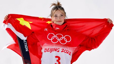 Gu celebrates winning silver medal after the women's freestyle skiing freeski slopestyle final.