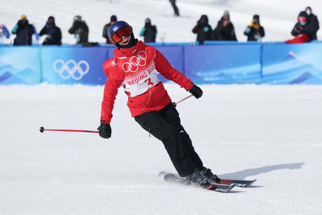 Gu reacts after her run during the women's freestyle skiing freeski slopestyle final.