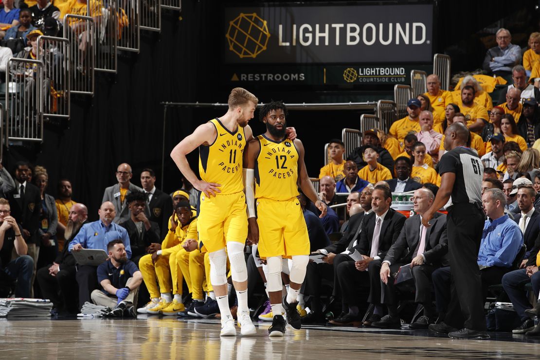 Evans and Domantas Sabonis look on against the Boston Celtics during Game Four of round one of the 2019 NBA Playoffs.