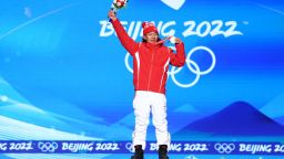  Gold Medallist Su Yiming of Team China celebrates with their medal during the Men's Snowboard Big Air medal ceremony on Day 11 of the Beijing 2022 Winter Olympic Games at Beijing Medal Plaza on February 15, 2022 in Beijing.