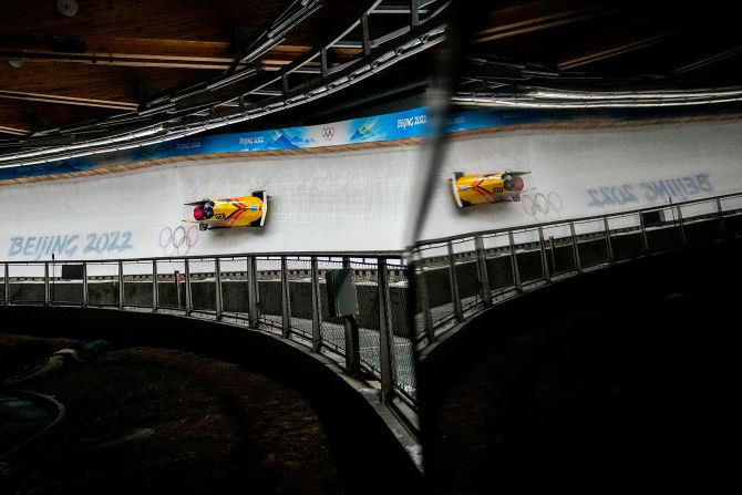 Germany's Francesco Friedrich and Thorsten Margis make their final run in the two-man bobsled on Tuesday, February 15. <a href="index.php?page=&url=https%3A%2F%2Fwww.cnn.com%2Fworld%2Flive-news%2Fbeijing-winter-olympics-02-15-22-spt%2Fh_b37635fd2786eda8b7e02773a67ddf29" target="_blank">They won gold as Germany swept the podium.</a> Four years ago, Friedrich also won gold in the two-man and four-man events.