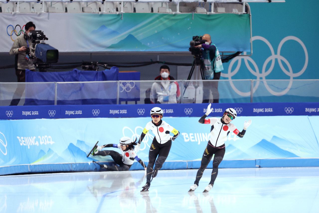 Japanese speedskaters react as teammate Nana Takagi <a href="https://www.cnn.com/world/live-news/beijing-winter-olympics-02-15-22-spt/h_22cc2cf17a44ce79d6c03b3aa6a7155f" target="_blank">crashes during the team pursuit final</a> on February 15. Japan was leading Canada and looked on course to win the gold when Takagi got one of her blades caught in the ice on the final corner, causing her to fall and crash into the barriers. Japan finished with the silver.