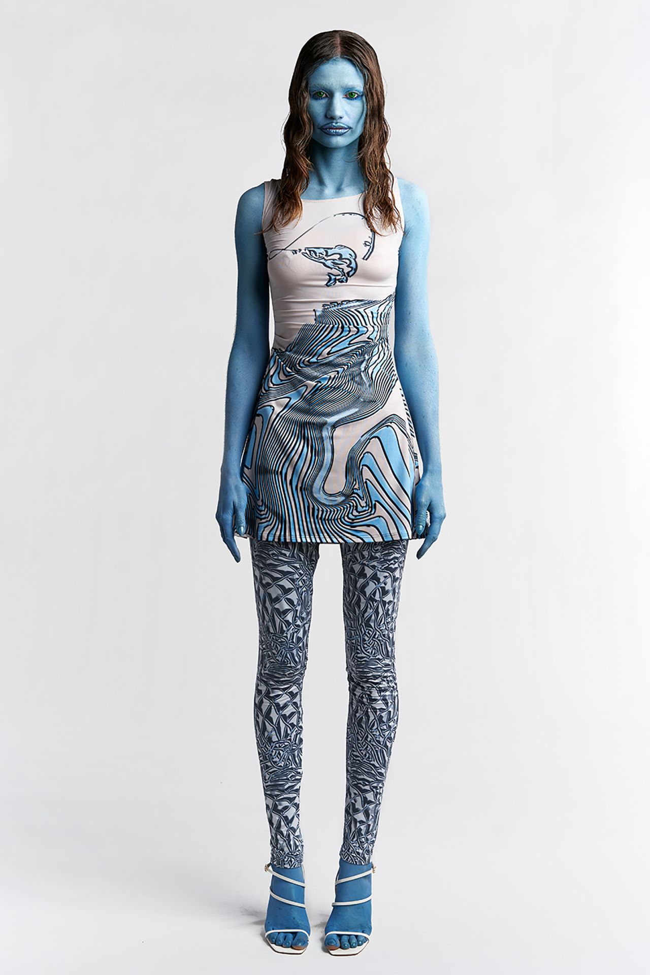 Schloss often employs bold, digitally designed prints and favors catsuit silhouettes.