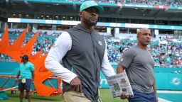Former Miami Dolphins head coach Brian Flores takes the field for Miami's game against the New York Giants on Dec. 5, 2021.