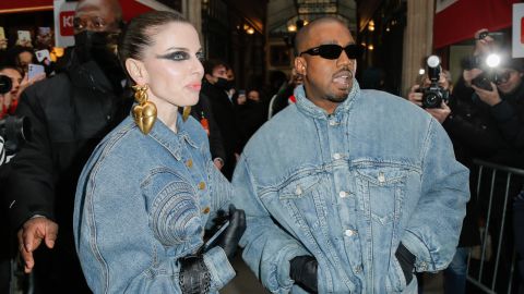 Julia Fox and Kanye West during Paris Fashion Week in January.