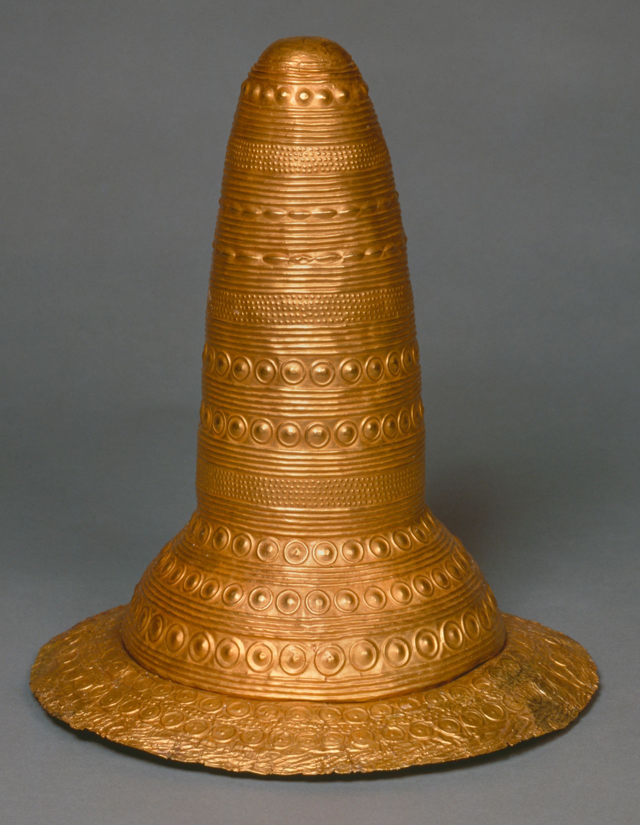 The Schifferstadt gold hat dates from 1600 BC and was found in Germany. It's thought that it could be a cosmic calendar.