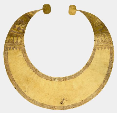 This gold collar is known as a lunala and celebrates the sun. It's 4,400 to 4,000 years old and is from Blessington, County Wicklow, in Ireland.