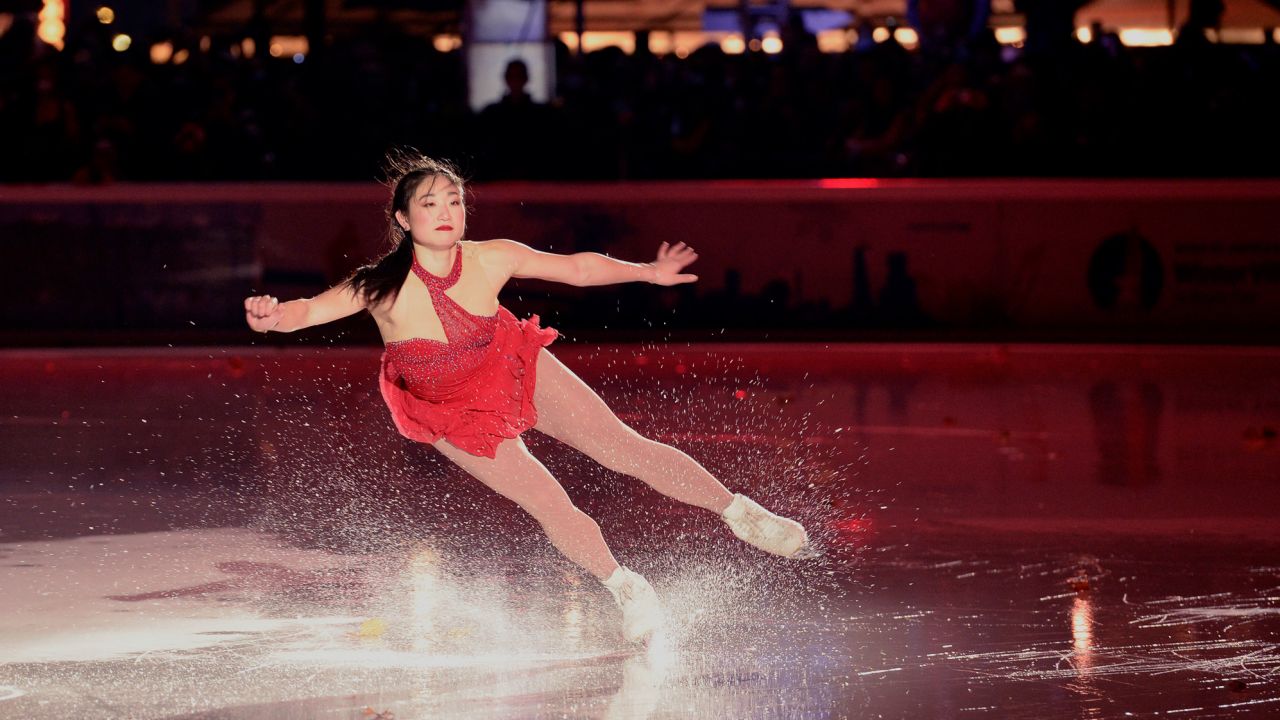 US Olympic medalist Mirai Nagasu skates at Bryant Park in New York City.