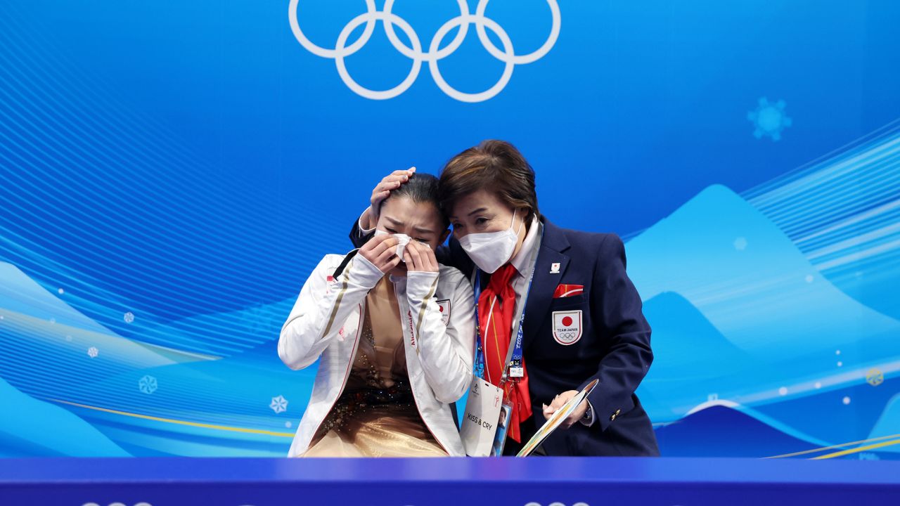 Kaori Sakamoto of Team Japan reacts after hearing her score during the Beijing 2022 Winter Olympic Games. 