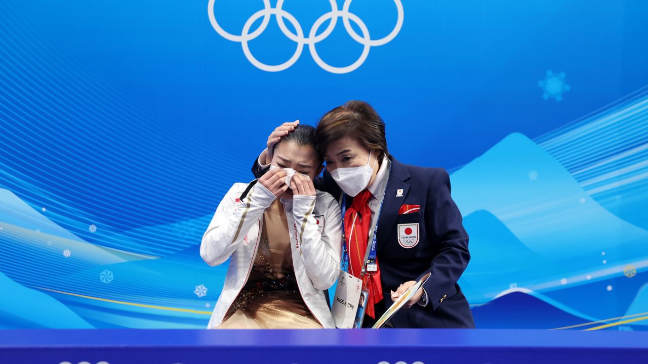 Kaori Sakamoto of Team Japan reacts after hearing her score during the Beijing 2022 Winter Olympic Games.