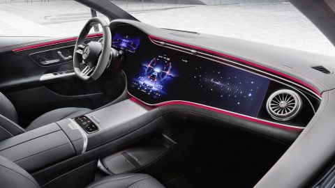 The interior featurs Mercedes' full-width Hyperscreen/