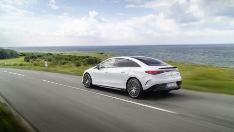 A spoiler and air diffusers on at the back of the Mercedes-AMG EQE are designed to keep the back end pinned to the ground at high speeds.