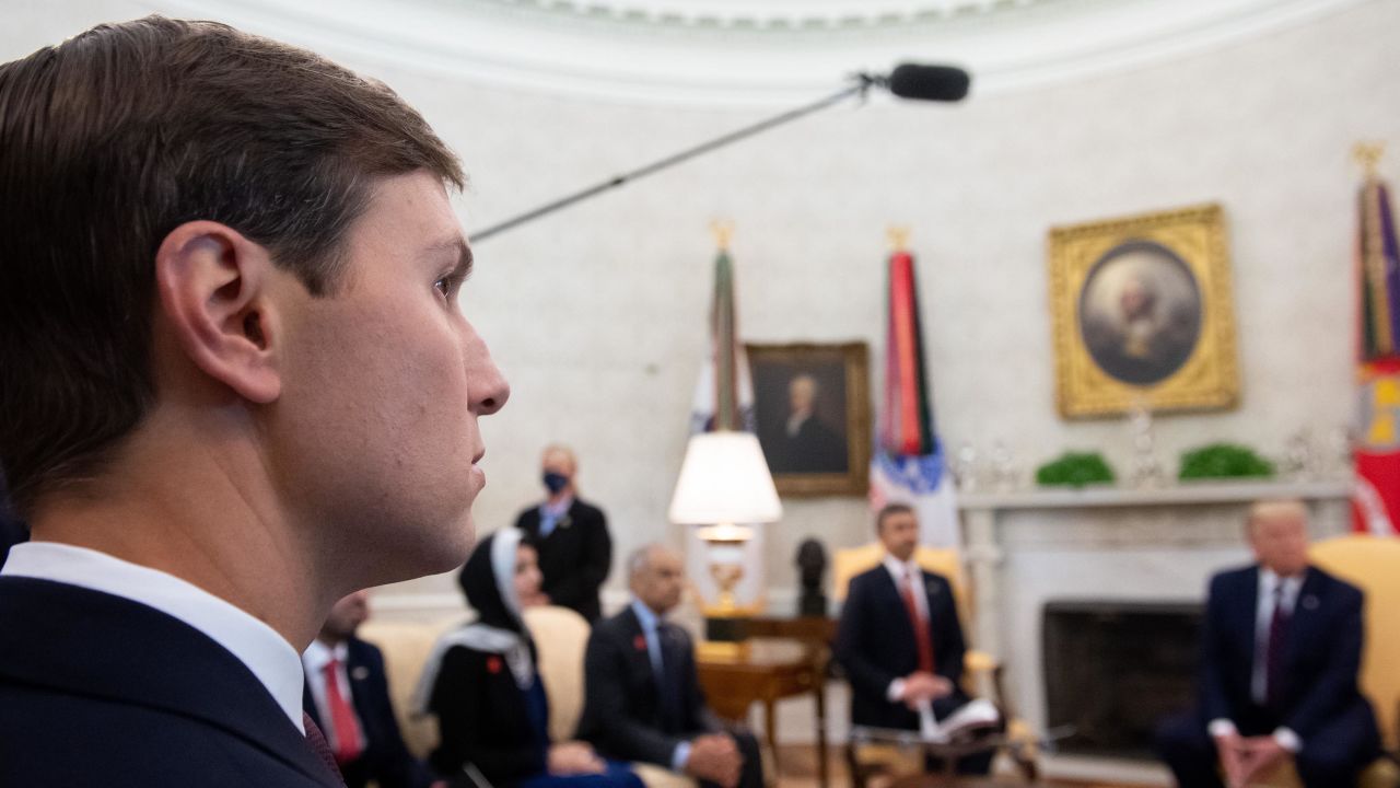 Senior adviser Jared Kushner attends a meeting between US President Donald Trump and UAE Foreign Minister Abdullah bin Zayed Al-Nahyanin in the Oval Office of the White House in Washington, DC, September 15, 2020, prior to the signing of the Abraham Accords.