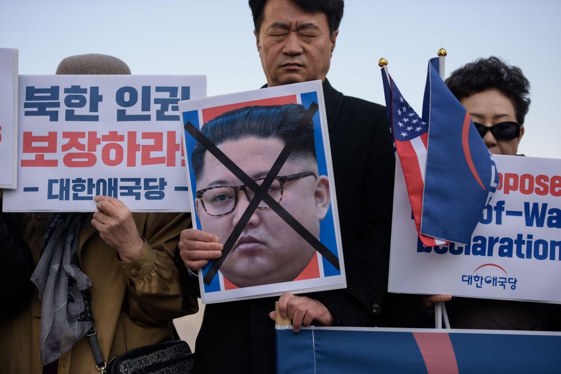 Anti-North Korea activists and refugees from North Korea attend a protest against a summit between US President Donald Trump and North Korea's leader Kim Jong Un, in Seoul on February 26, 2019.