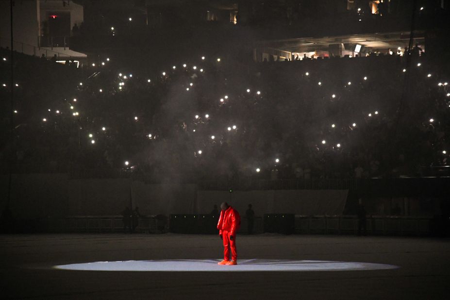 West appears at a listening event for his new album, "Donda," at Atlanta's Mercedes-Benz Stadium in 2021. West was <a href="https://www.cnn.com/2021/07/28/entertainment/kanye-west-mercedes-benz-stadium/index.html" target="_blank">staying at the venue</a> to complete the album. 