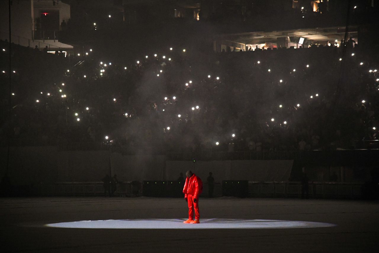 West appears at a listening event for his new album, "Donda," at Atlanta's Mercedes-Benz Stadium in 2021. West was <a href="https://www.cnn.com/2021/07/28/entertainment/kanye-west-mercedes-benz-stadium/index.html" target="_blank">staying at the venue</a> to complete the album.