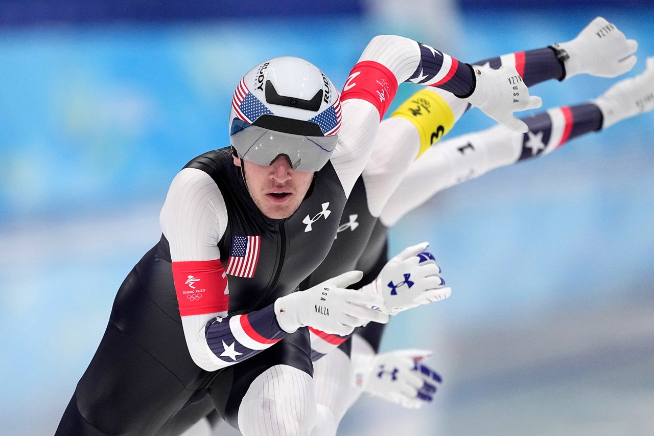 American speedskater Casey Dawson is followed by teammates Emery Lehman and Ethan Cepuran during the team pursuit semifinals on February 15. They finished with the bronze along with Joey Mantia.