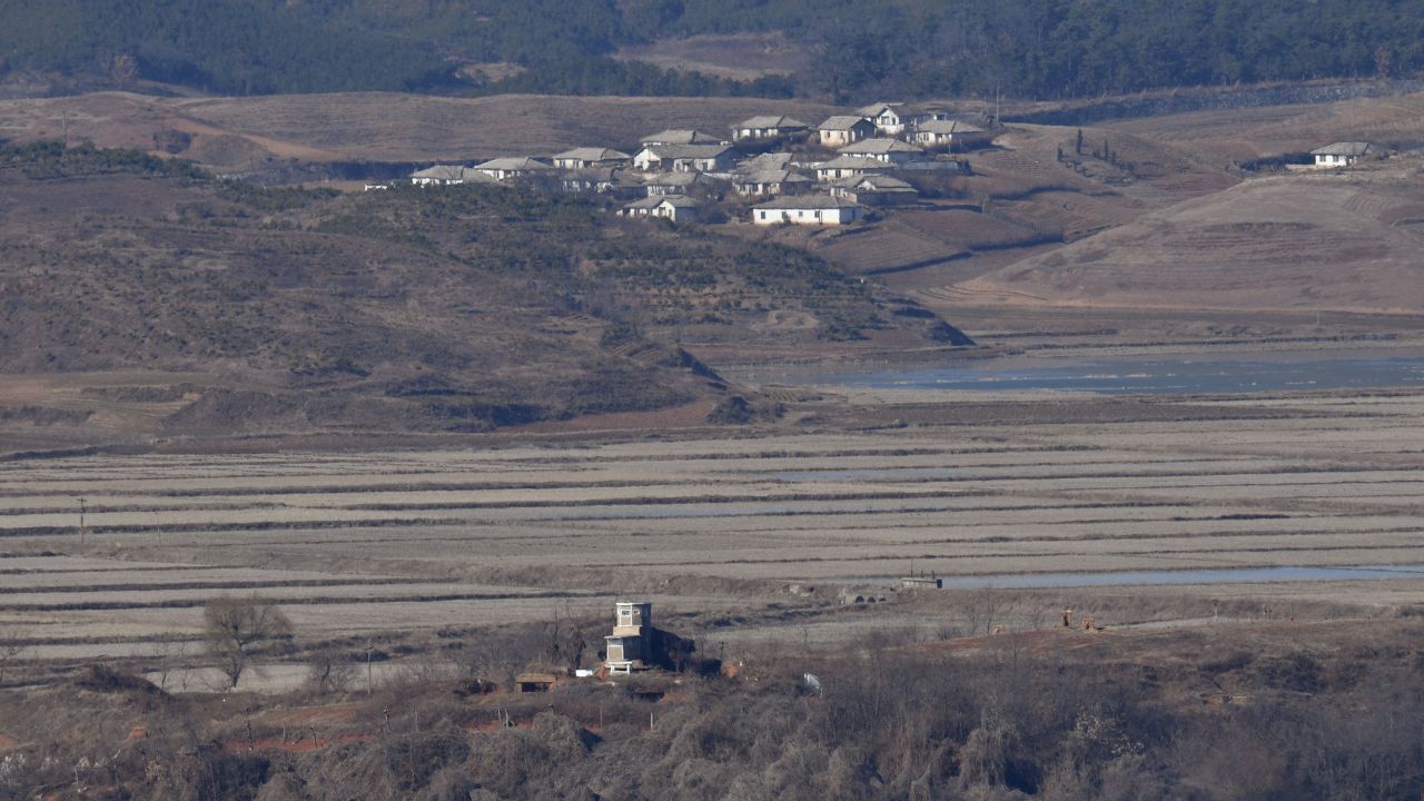The North Korean border county of Kaepoong from a South Korean observatory at the southern boundary of the Demilitarized Zone (DMZ) dividing the two Koreas.