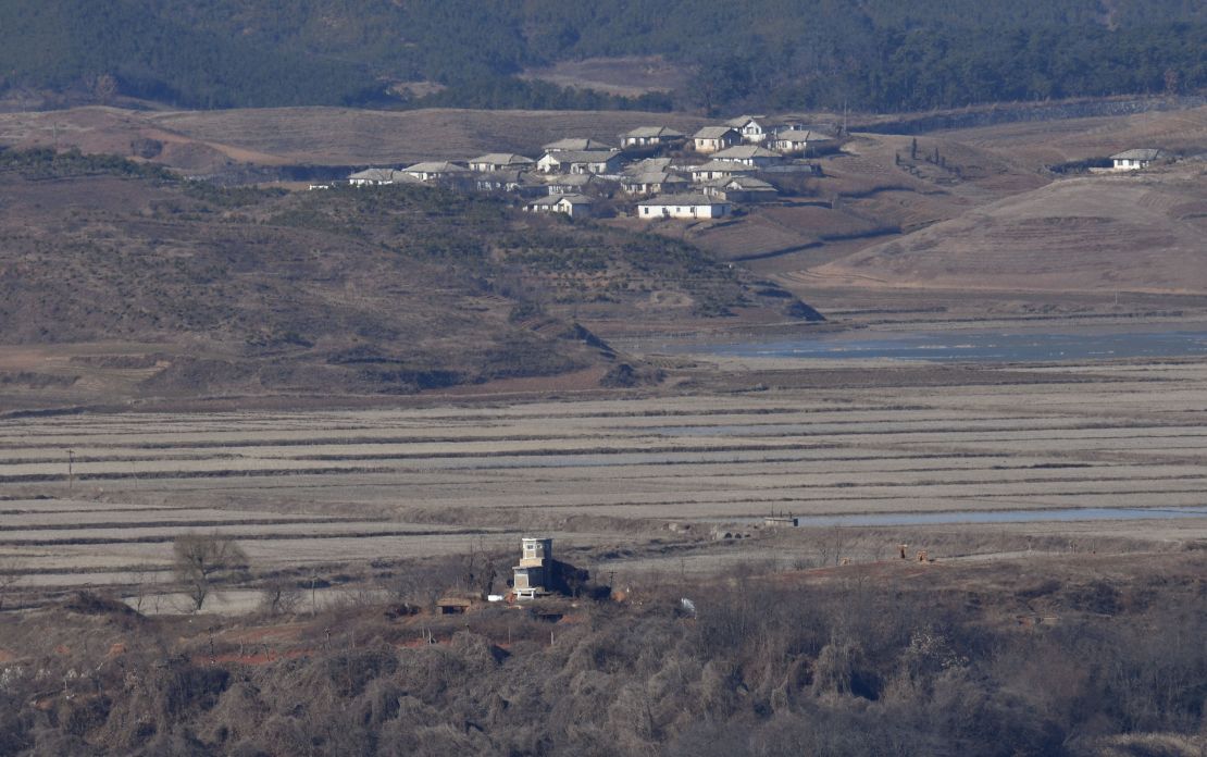 The North Korean border county of Kaepoong from a South Korean observatory at the southern boundary of the Demilitarized Zone (DMZ) dividing the two Koreas.