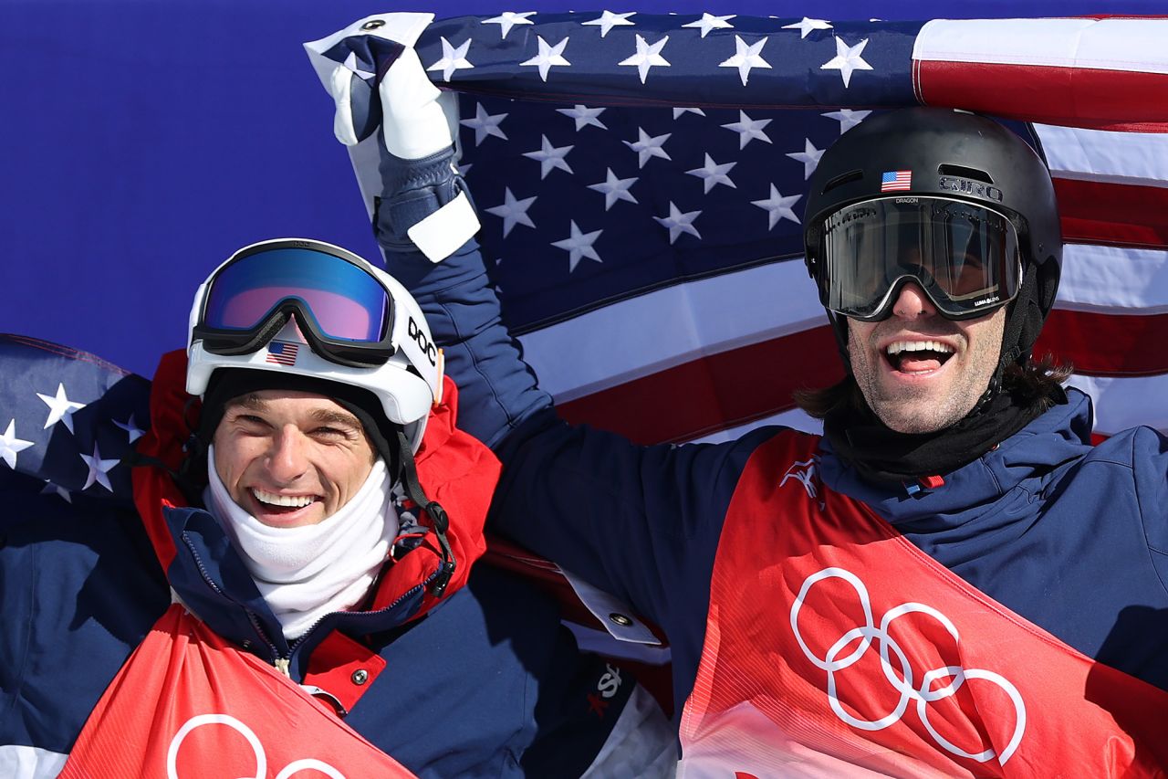 Silver medalist Nick Goepper, left, and gold medalist Alex Hall — two freestyle skiers from the United States — celebrate after <a href="https://www.cnn.com/world/live-news/beijing-winter-olympics-02-16-22-spt/h_5d43f438cc175be17236e4427776a0b7" target="_blank">the slopestyle final</a> on February 16. Hall's gold was the first of his career, while it was Goepper's second straight silver in the event. 