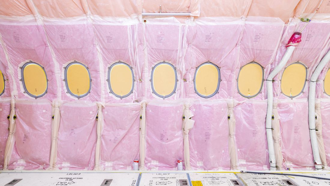 <strong>Pink delight: </strong>Kay traveled to Quebec to shoot Air France's new fleet of A220s being made.