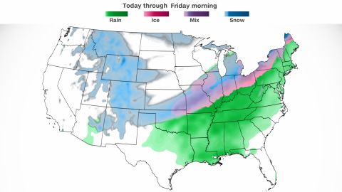 Precipitation types expected across the country Wednesday through Friday morning. 