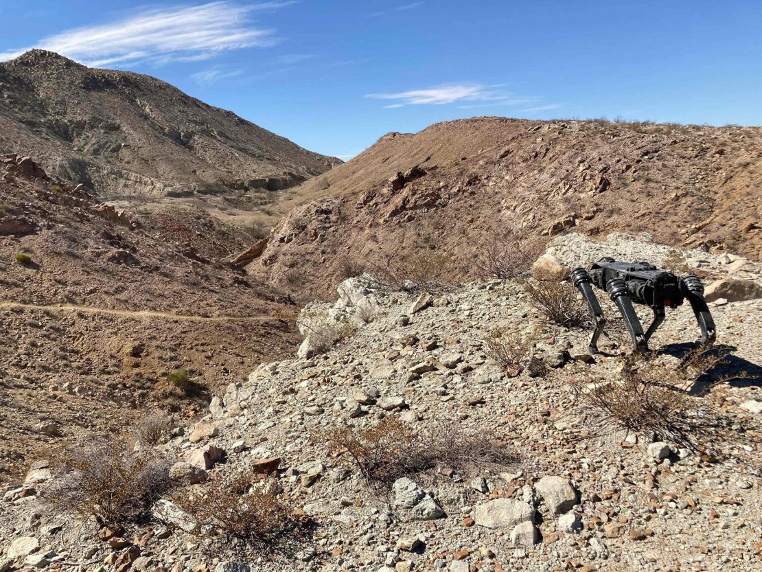 This handout image shows Ghost Robotics' Vision 60 robot dog along the US-Mexico border.
