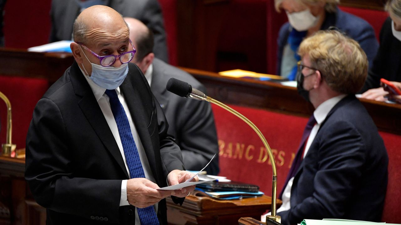 France's European and Foreign Affairs Minister Jean-Yves Le Drian speaks at the French National Assembly in Paris on February 15, 2022. 