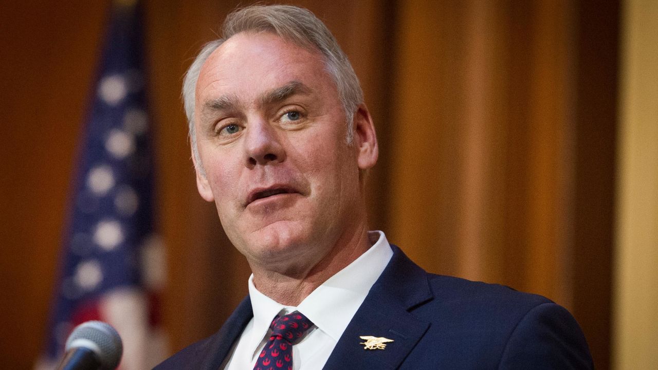 In this December 11, 2018, file photo, then-Secretary of the Interior Ryan Zinke speaks at Environmental Protection Agency headquarters in Washington.