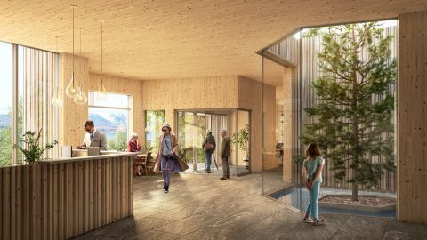 Forest Lagoon's interior  features cross-laminated timber that mirrors the wooded settting.