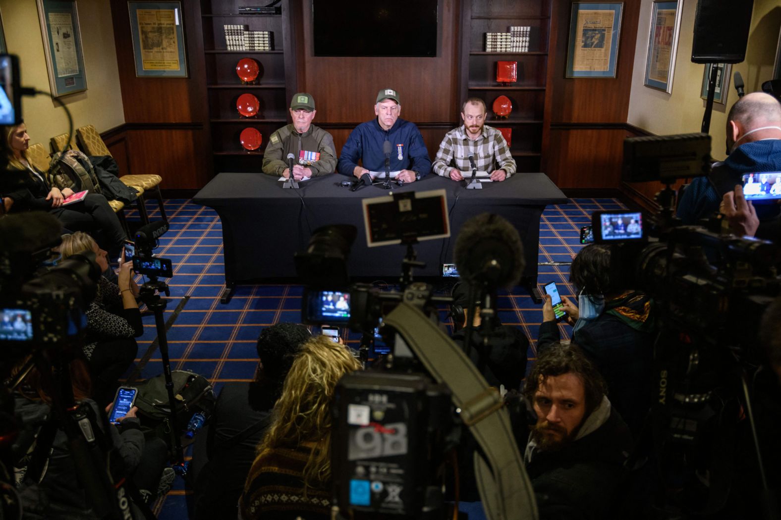 From left, protest leaders Eddie Stewart Cornell, Vincent Gircys and Daniel Bulford attend a news conference in Ottawa on Wednesday, February 16.