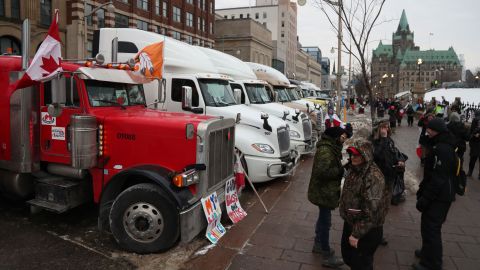 Trucks parked on Wellington Street, in front of Parliament Hill, during a demonstration in Ottawa, Ontario, Wednesday.