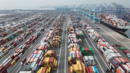 Aerial view of containers piled at the Port of Los Angeles on January 19, 2022 in San Pedro, California. 