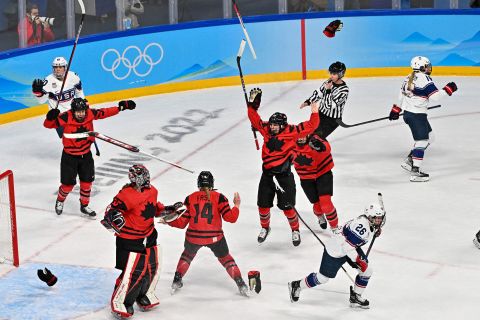 The Canadian women's hockey team celebrates after <a href="https://www.cnn.com/world/live-news/beijing-winter-olympics-02-17-22-spt/h_20cf8f00a0ee7e39d10d849b126aacf0" target="_blank">defeating the United States 3-2 in the Olympic final</a> on Thursday, February 17. Since women's hockey became an Olympic sport in 1998, only Canada and the United States have won gold. The two countries have played in the gold-medal game in the last four Olympics, with Canada winning three of them.