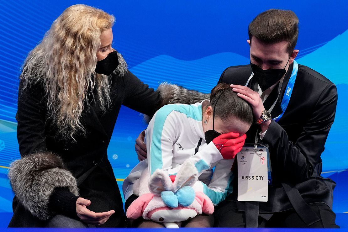 Kamila Valieva reacts after competing in the women's free skate program on February 17, 2022.