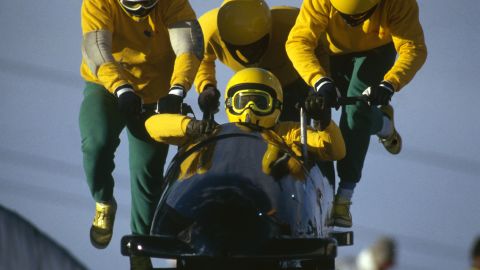 The Jamaican four-man bobsled team in action at the 1988 Calgary Winter Olympic Games held on February 25, 1988 in Calgary, Canada, which inspired the film "Cool Runnings."