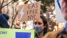 Climate activists from the #GasFreeNYC coalition and elected officials rally and hold a press conference in City Hall Park, celebrating the City Council's anticipated passage of Intro2317, which would end gas use in new construction buildings citywide on Wednesday, Dec. 15, 2021, in New York. 