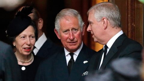 Andrew talks to his older siblings, Charles and Anne, at the funeral of Patricia Knatchbull, Countess Mountbatten of Burma on June 27, 2017 in London, England. 