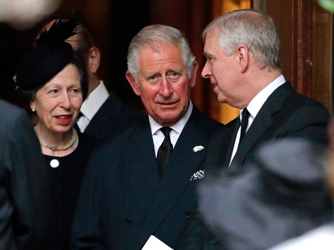 Andrew talks to his older siblings, Charles and Anne, at the funeral of Patricia Knatchbull, Countess Mountbatten of Burma on June 27, 2017 in London, England. 