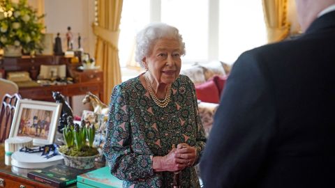Britain's Queen Elizabeth II during her first in-person audience since returning to Windsor. 