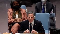 US Secretary of State Antony Blinken, with US Ambassador to the UN Linda Thomas-Greenfield (L), speaks at a UN Security Council meeting on Ukraine, on February 17, 2022, in New York. 