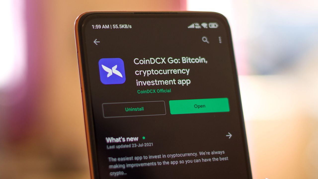 The CoinDCX app is seen on a phone screen in West Bengal, India, in August 2021.