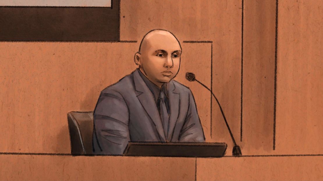 A courtroom sketch of J. Alexander Kueng testifying on February 17, 2022.