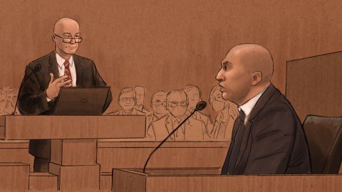 A courtroom sketch shows J. Alexander Kueng testifying on February 17, 2022. The former officer said Derek Chauvin made a joke while restraining George Floyd.